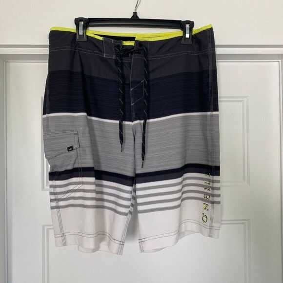 O'Neill Board Shorts Men 31 Gray White Lennox Stripes 4-Way Stretch Swim Shorts - Picture 1 of 8